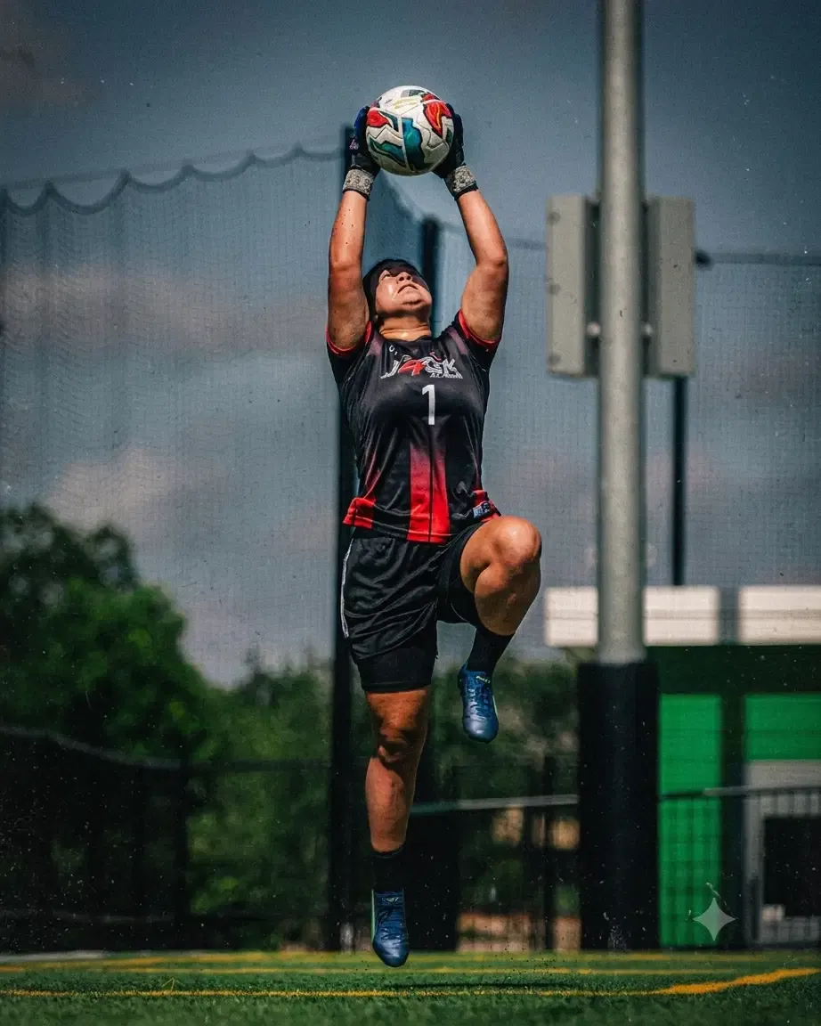 Female goalkeeper in red and black Just4GK kit catching a high ball mid-air