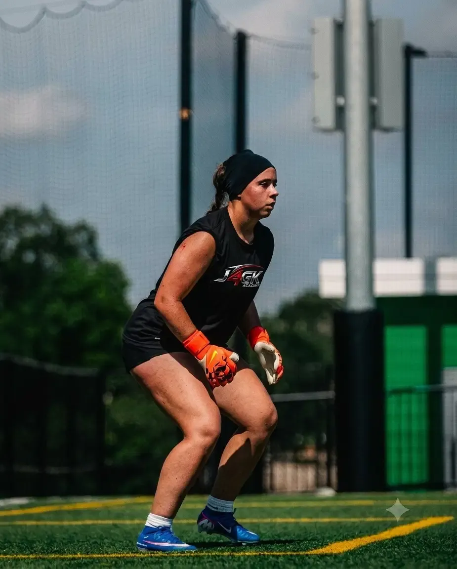 Female goalkeeper in a set position wearing a black Just4GK shirt and orange gloves