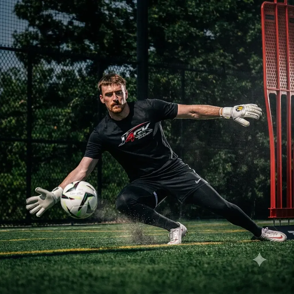 Male goalkeeper in a Just4GK shirt making a full-stretch low save