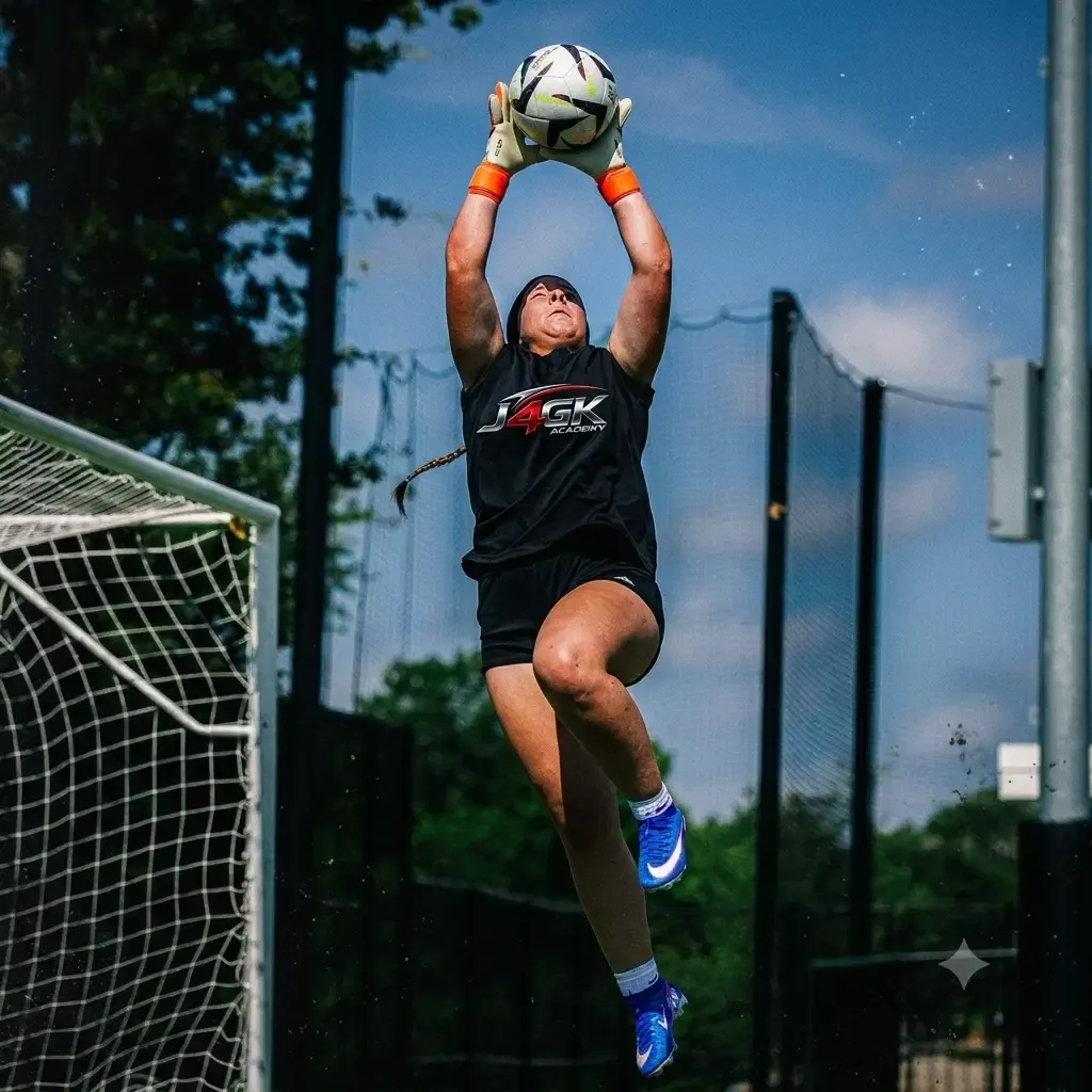 Female goalkeeper leaping to catch a ball while wearing a Just4GK shirt