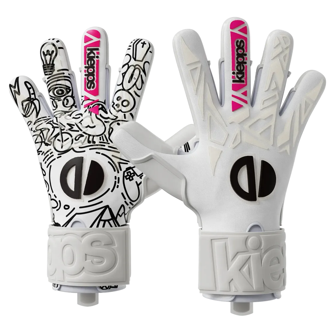 White goalkeeper gloves with black and pink detailing