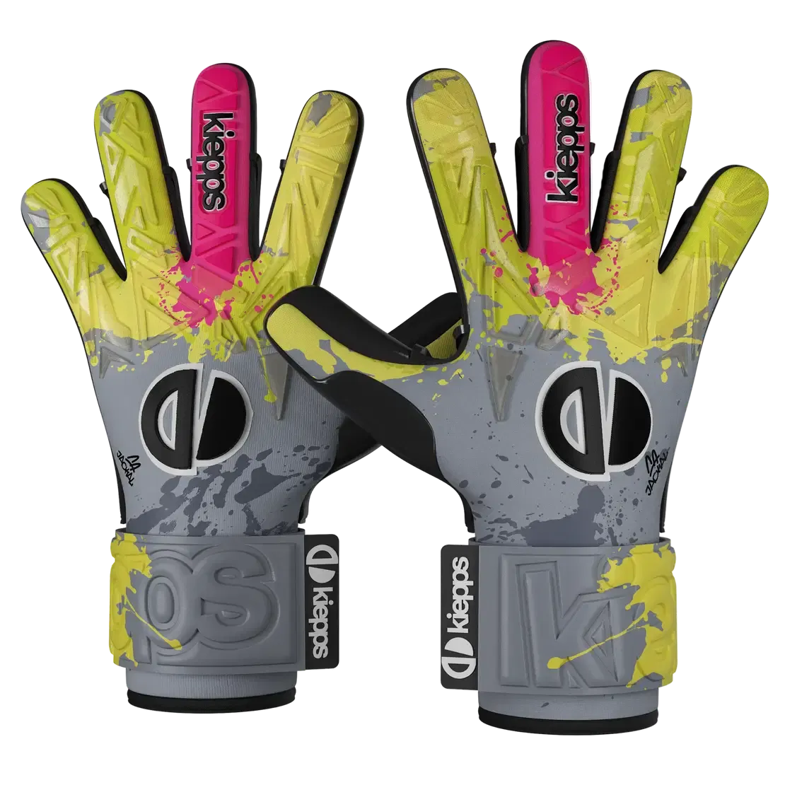 Grey goalkeeper gloves with lime and pink accents