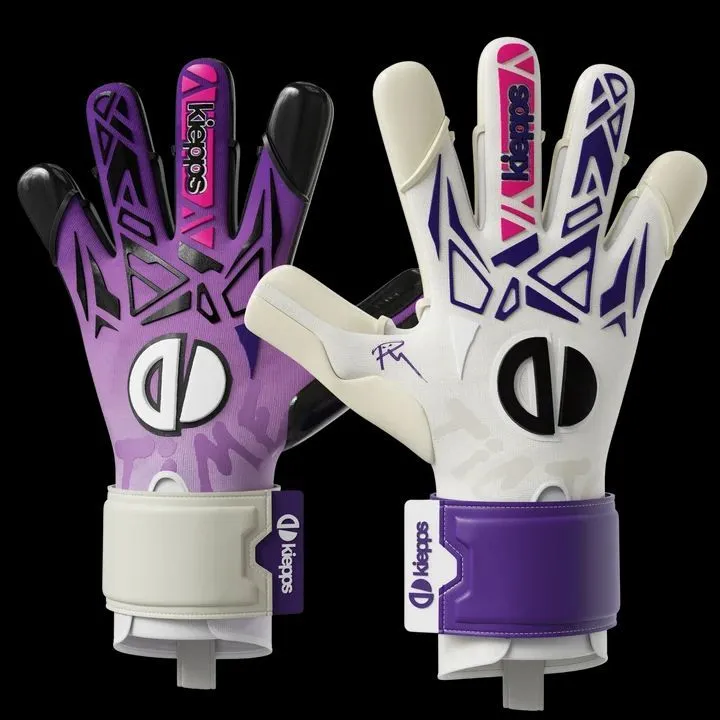 Purple and white goalkeeper gloves
