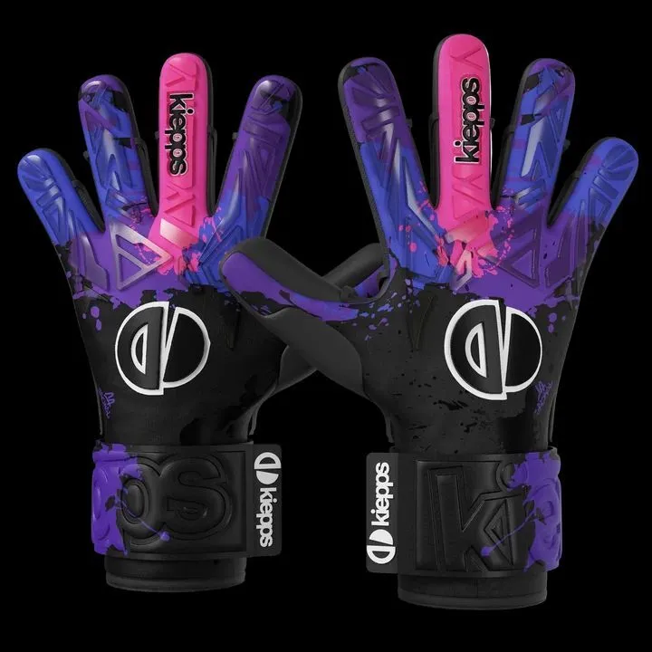 Blue, pink, and black goalkeeper gloves